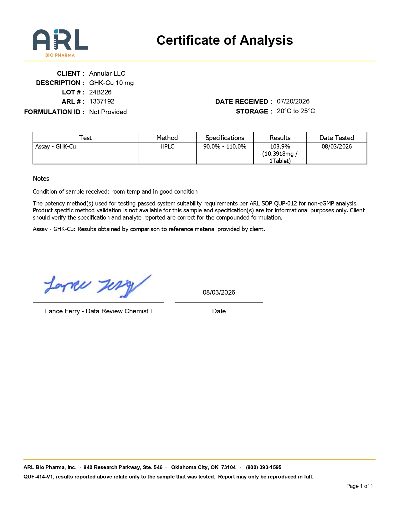 ARL GHK Cu Certificate